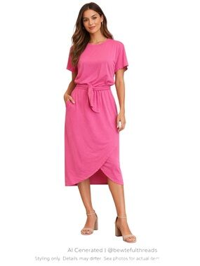 Barbiecore Bamboo Faux Wrap Midi Dress Pink Pocket Tie Waist M
